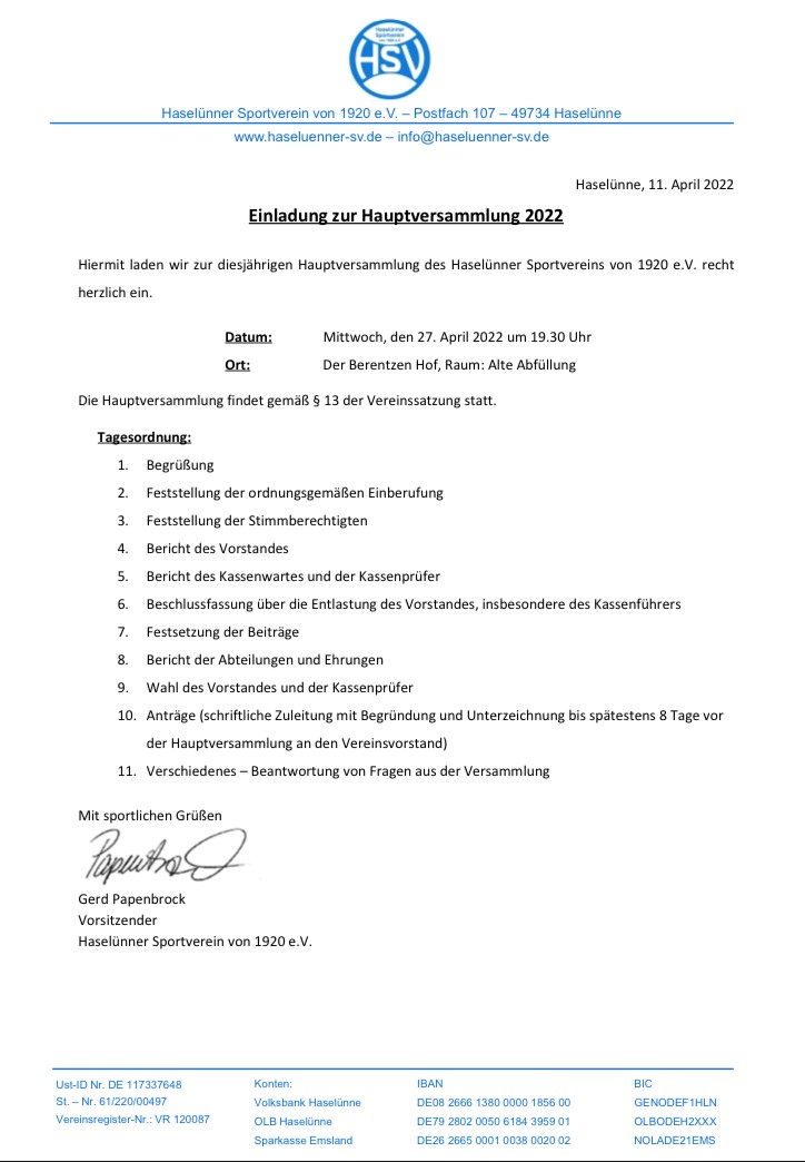 Hauptversammlung des HSV findet am 27. April 2022 statt